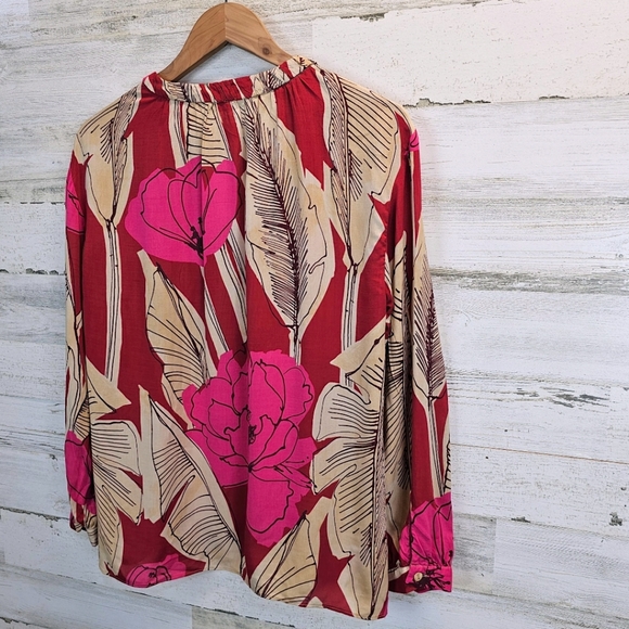 Zara Womens Tropical Floral V-Neck Top Medium Red Relaxed Beachy Coconut Girl - Picture 5 of 12